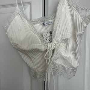 ZARA lace lined white tie front crop top